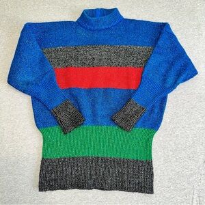 Vintage 80s IB Diffusion Metallic Striped Lambswool Knit Sweater Blue Red Med M
